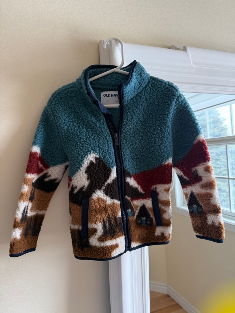 Old Navy Teal & Multicolor Scenic Sherpa Zip Jacket